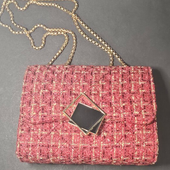 Small Red Burgundy Gold Black Square Tweed Fabric Messenger Crossbody Bag - Picture 1 of 10